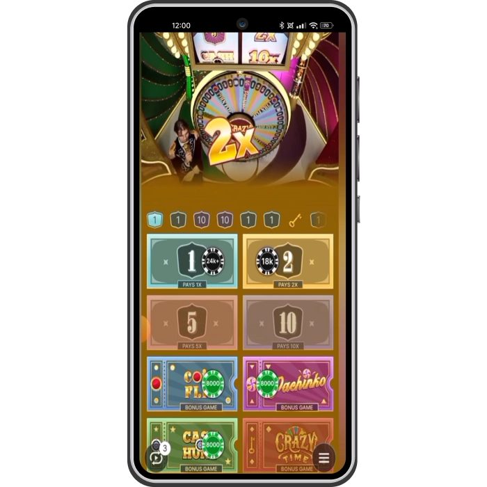 Version mobile du jeu Crazy Time